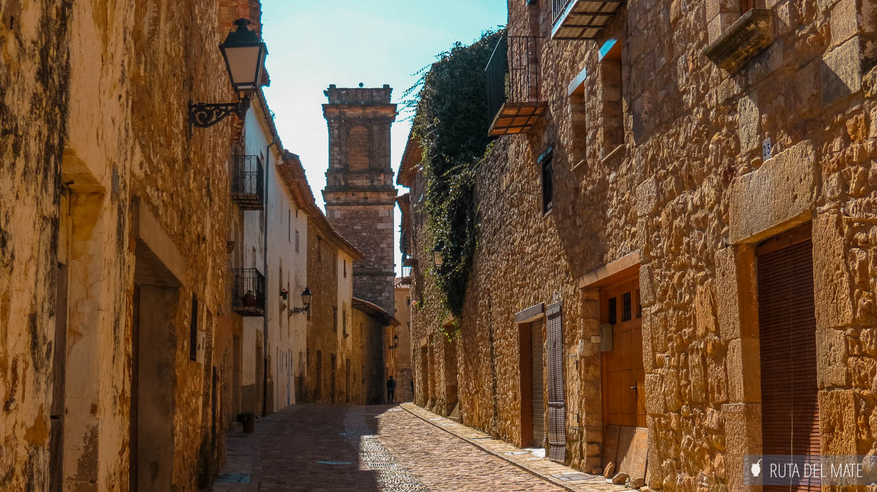 Culla, cobbled street with the church tower at the end - The most beautiful villages of Castellón, Spain